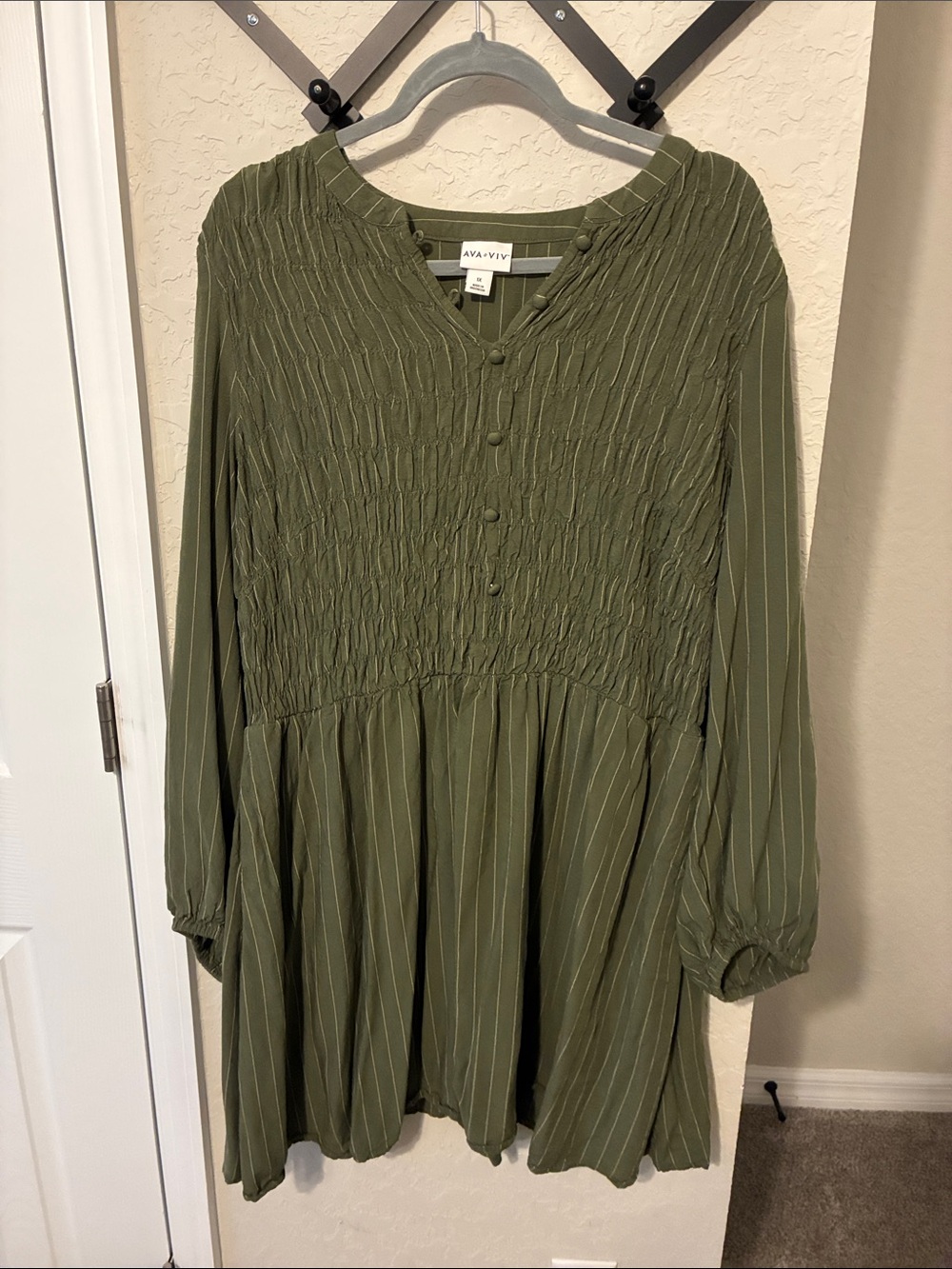 Ava & Viv Olive Green Smocked Long Sleeve Pinstripe Dress